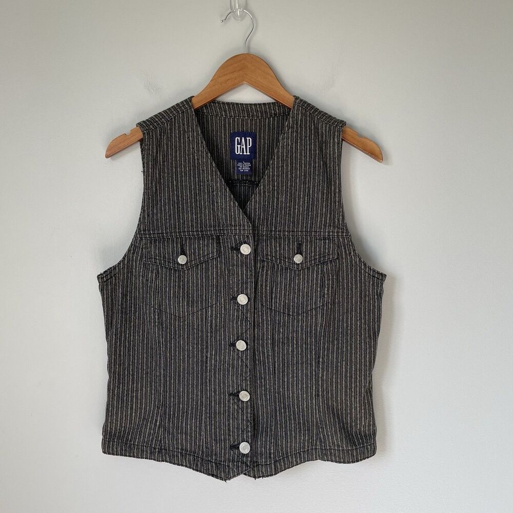 GAP Vintage Button Up Vest Top Cottagecore 100% Cotton Stripes Womens Size Large